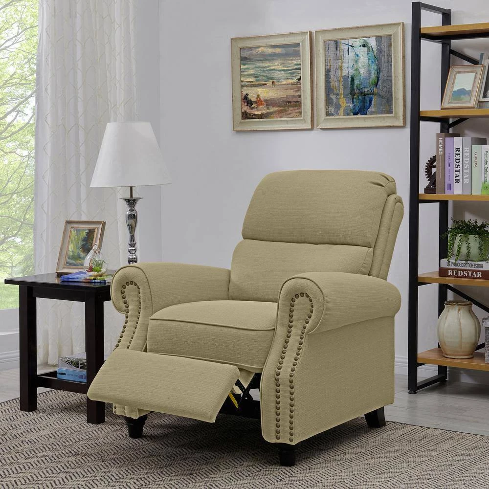 Barley Tan Linen-Like Fabric Pushback Recliner with Bronze Nailhead Trim by ProLounger 9 Barley Tan Linen-Like Fabric Pushback Recliner with Bronze Nailhead Trim by ProLounger - Image 7