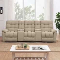3-Seat Tufted Recliner Sofa with 2-Storage Consoles and USB Ports in Barley Tan Plush Low-Pile Velour by ProLounger -DealsProLounger Store barley tan prolounger sofas couches rcl48 cnf82 3sc c3 1000