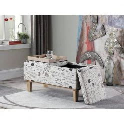 17 in. Beige Stencils Letter Pattern Seat Flip Storage Bench with Unfinished Legs by ORE International -DealsProLounger Store beige stencil ore international dining benches hb4757 77 1000