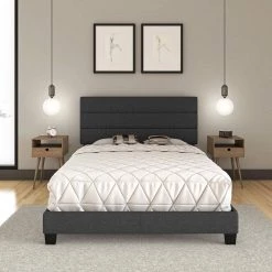 Vivian Black Linen Queen Upholstered Platform Bed Frame by Boyd Sleep -DealsProLounger Store black linen boyd sleep panel beds rvbk953qn 1f 1000
