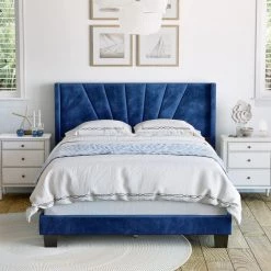 Vera Light Blue Velvet Queen Upholstered Platform Bed Frame by Boyd Sleep