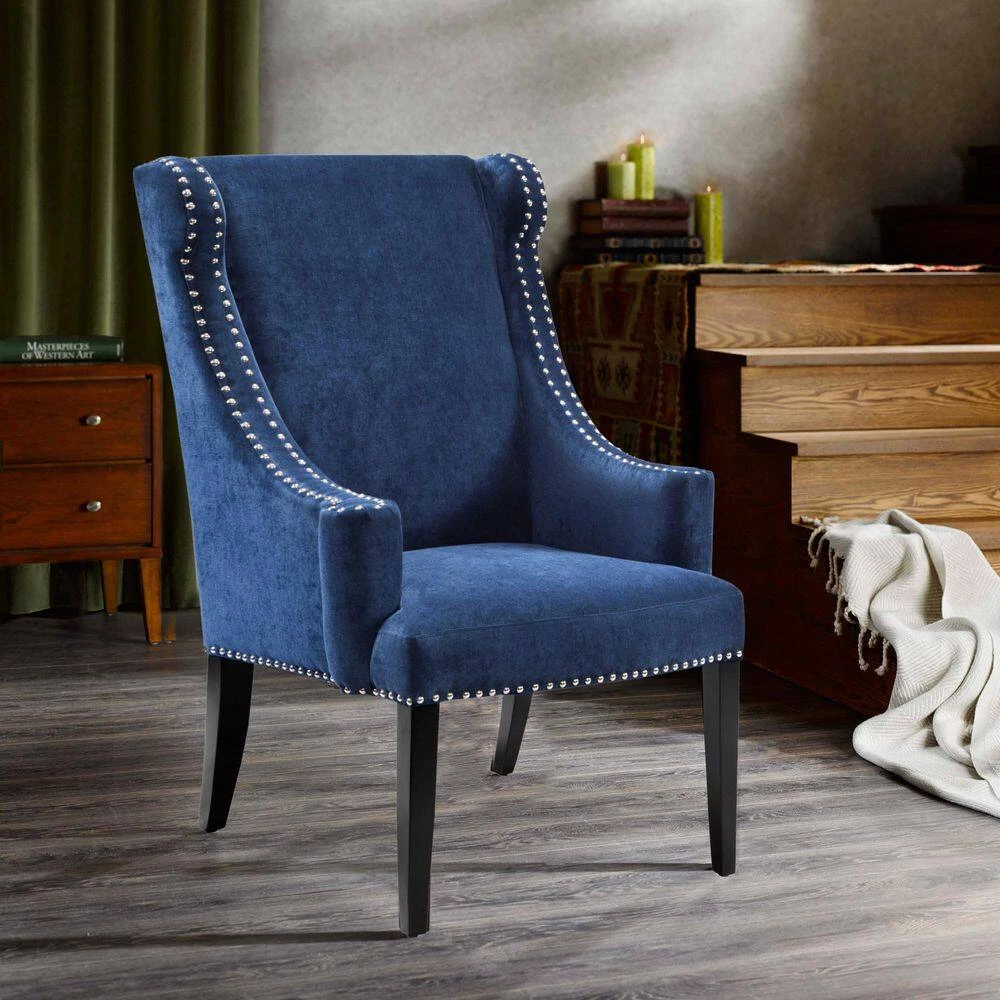 Lucy Blue Upholstered High Back Curved Club Arm Wingback Chair by Madison Park 10 Lucy Blue Upholstered High Back Curved Club Arm Wingback Chair by Madison Park - Image 8