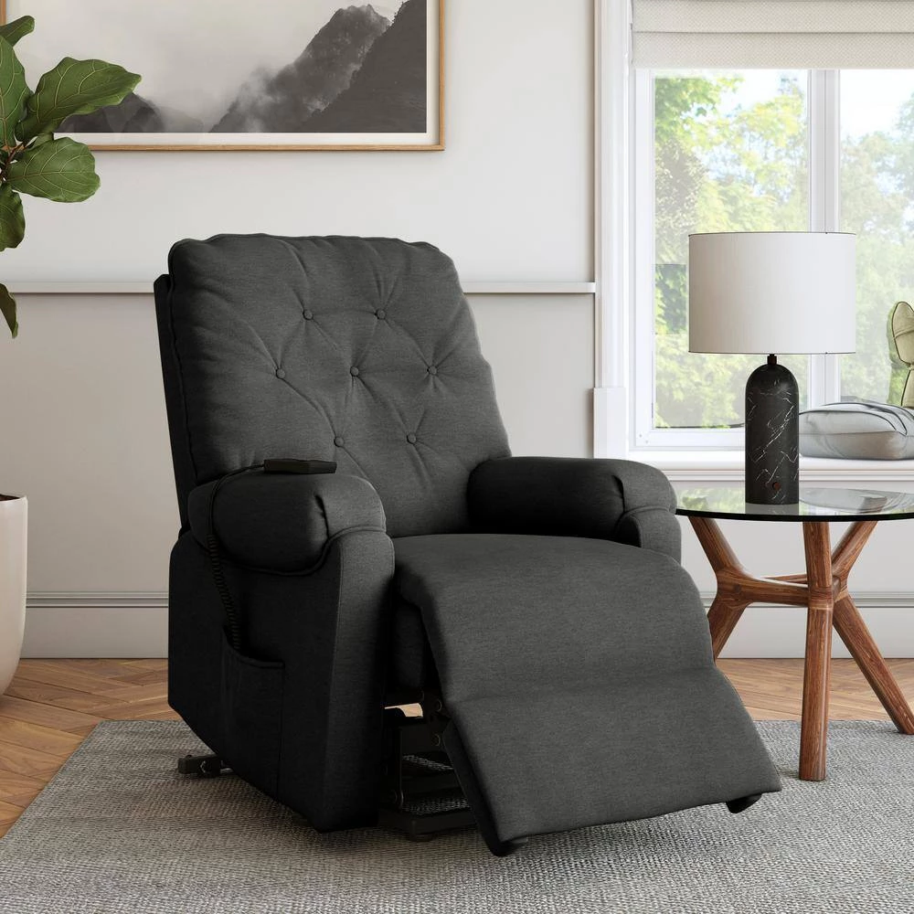 Charcoal Gray Plush Low-Pile Velour Fabric Button Tufted Power Recline and Lift Chair by ProLounger 9 Charcoal Gray Plush Low-Pile Velour Fabric Button Tufted Power Recline and Lift Chair by ProLounger - Image 7
