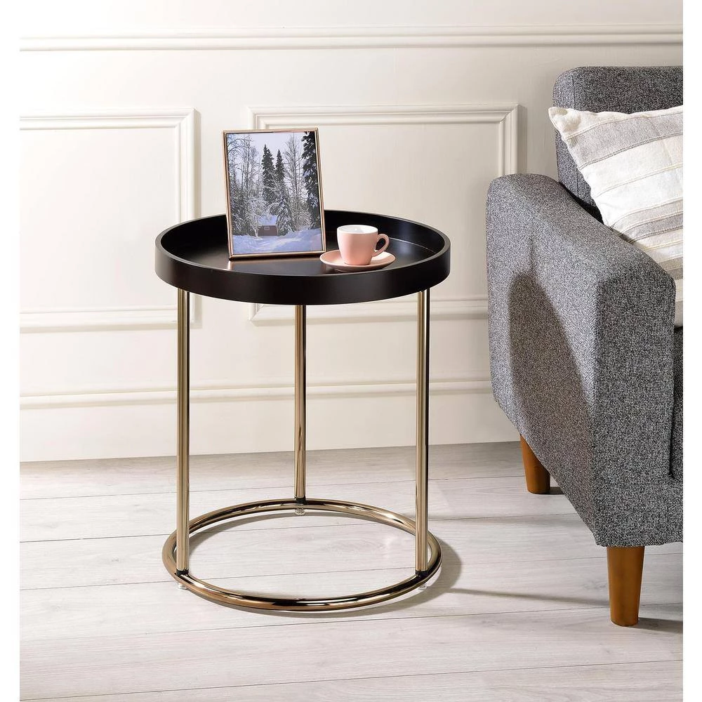 18.5 in. x 21.75 in. Espresso Round Wood Edie Mid-Century Lipped Edge Side Table with Copper Legs by ORE International 6 18.5 in. x 21.75 in. Espresso Round Wood Edie Mid-Century Lipped Edge Side Table with Copper Legs by ORE International - Image 4