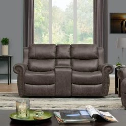 Distressed Fog Gray Faux Leather 2-Seat Rolled Arm Wall Hugger Recliner Loveseat with Power Storage Console by ProLounger -DealsProLounger Store fog gray prolounger loveseats rcl60 nks15 2sc 1f 1000