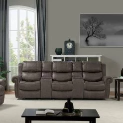 Distressed Fog Gray Faux Leather 3-Seat Rolled Arm Wall Hugger Recliner Sofa with 2-Storage Consoles and USB Ports by ProLounger -DealsProLounger Store fog gray prolounger sofas couches rcl60 nks15 3sc c3 1000