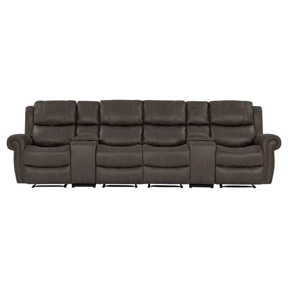 129.5 in. W Round Arm Faux Leather Fabric Modern Rectangle Recliner Sofa with 2-Storage Consoles and USB Ports in Gray by ProLounger 11 129.5 in. W Round Arm Faux Leather Fabric Modern Rectangle Recliner Sofa with 2-Storage Consoles and USB Ports in Gray by ProLounger - Image 9