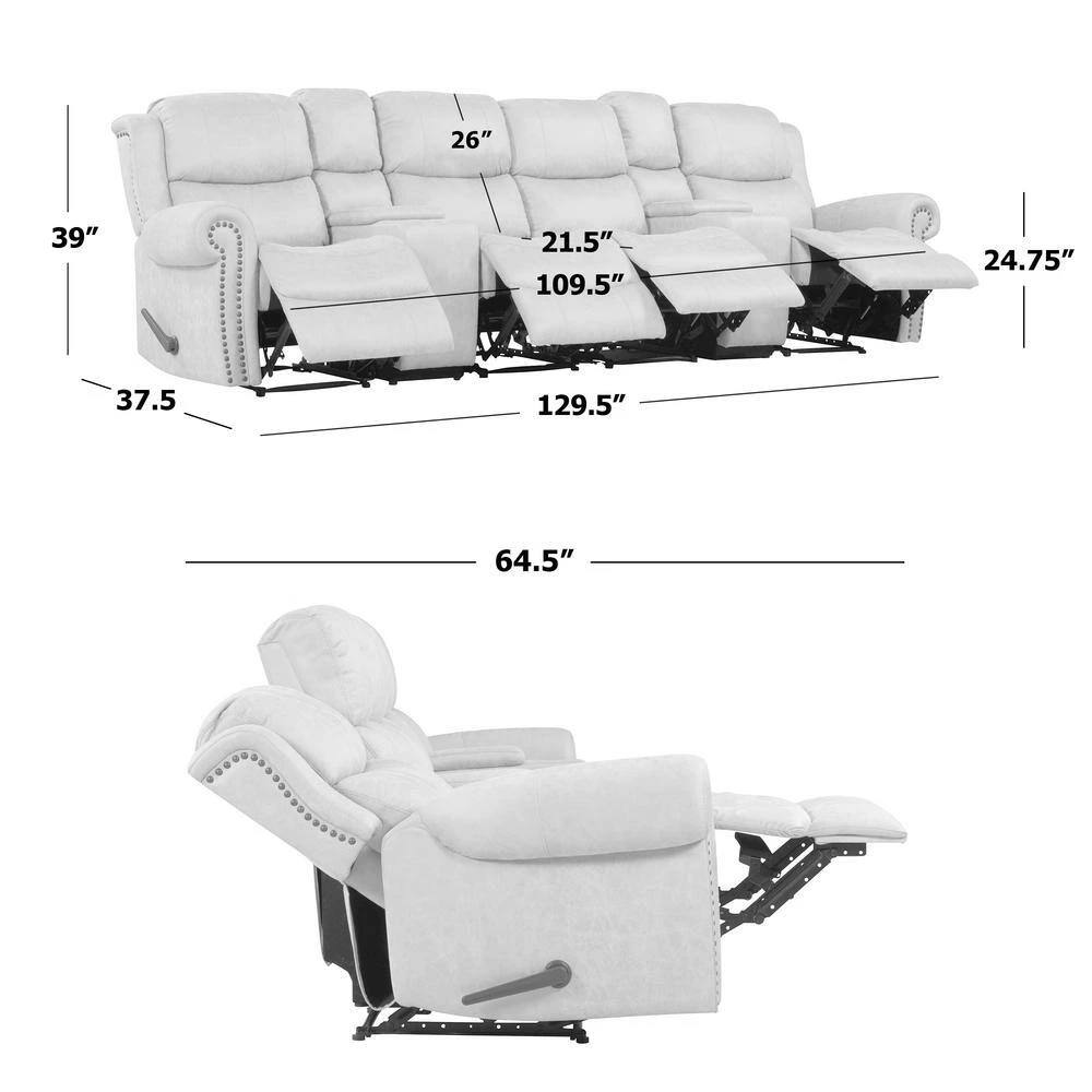 129.5 in. W Round Arm Faux Leather Fabric Modern Rectangle Recliner Sofa with 2-Storage Consoles and USB Ports in Gray by ProLounger 9 129.5 in. W Round Arm Faux Leather Fabric Modern Rectangle Recliner Sofa with 2-Storage Consoles and USB Ports in Gray by ProLounger - Image 7