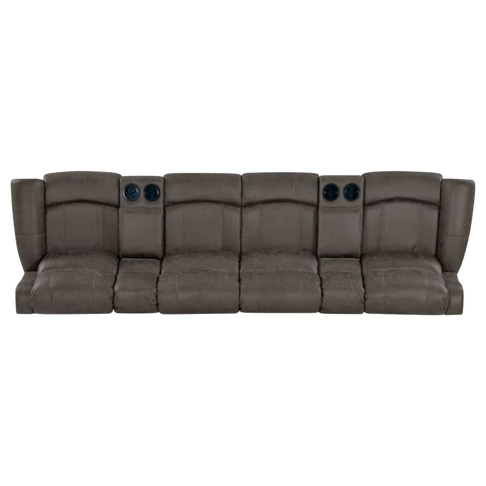 129.5 in. W Round Arm Faux Leather Fabric Modern Rectangle Recliner Sofa with 2-Storage Consoles and USB Ports in Gray by ProLounger 6 129.5 in. W Round Arm Faux Leather Fabric Modern Rectangle Recliner Sofa with 2-Storage Consoles and USB Ports in Gray by ProLounger - Image 4