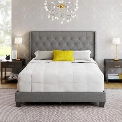 Marlo Grey Linen Queen Upholstered Platform Bed Frame by Boyd Sleep -DealsProLounger Store gray boyd sleep platform beds migr968qn 40 1000