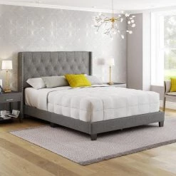 Marlo Grey Linen Queen Upholstered Platform Bed Frame by Boyd Sleep