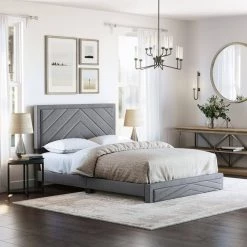 Brea Gray Linen King Upholstered Platform Bed Frame by Boyd Sleep -DealsProLounger Store gray linen boyd sleep platform beds bapbgy203ek 31 1000