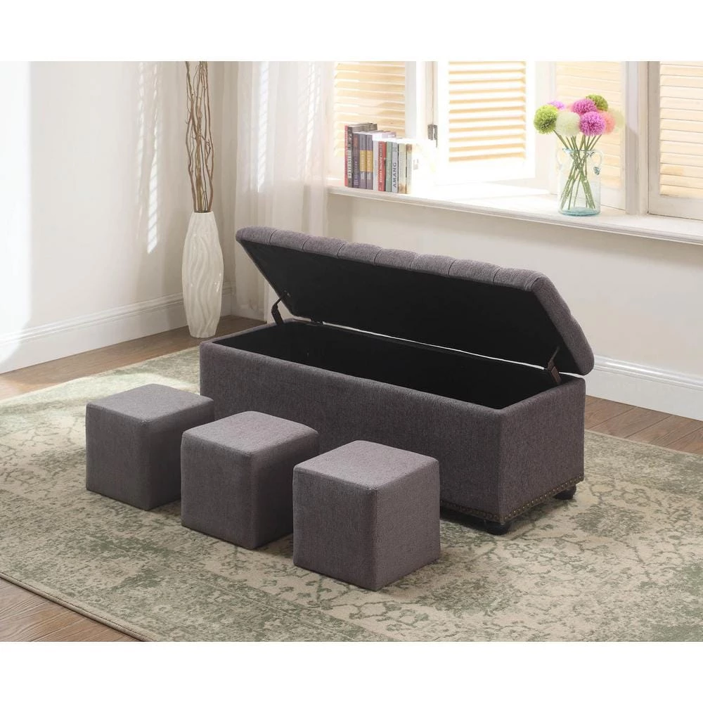 18 in. x 44 in. Tufted Grey Storage Bench with 3-Piece Ottoman Seating by ORE International 4 18 in. x 44 in. Tufted Grey Storage Bench with 3-Piece Ottoman Seating by ORE International - Image 2
