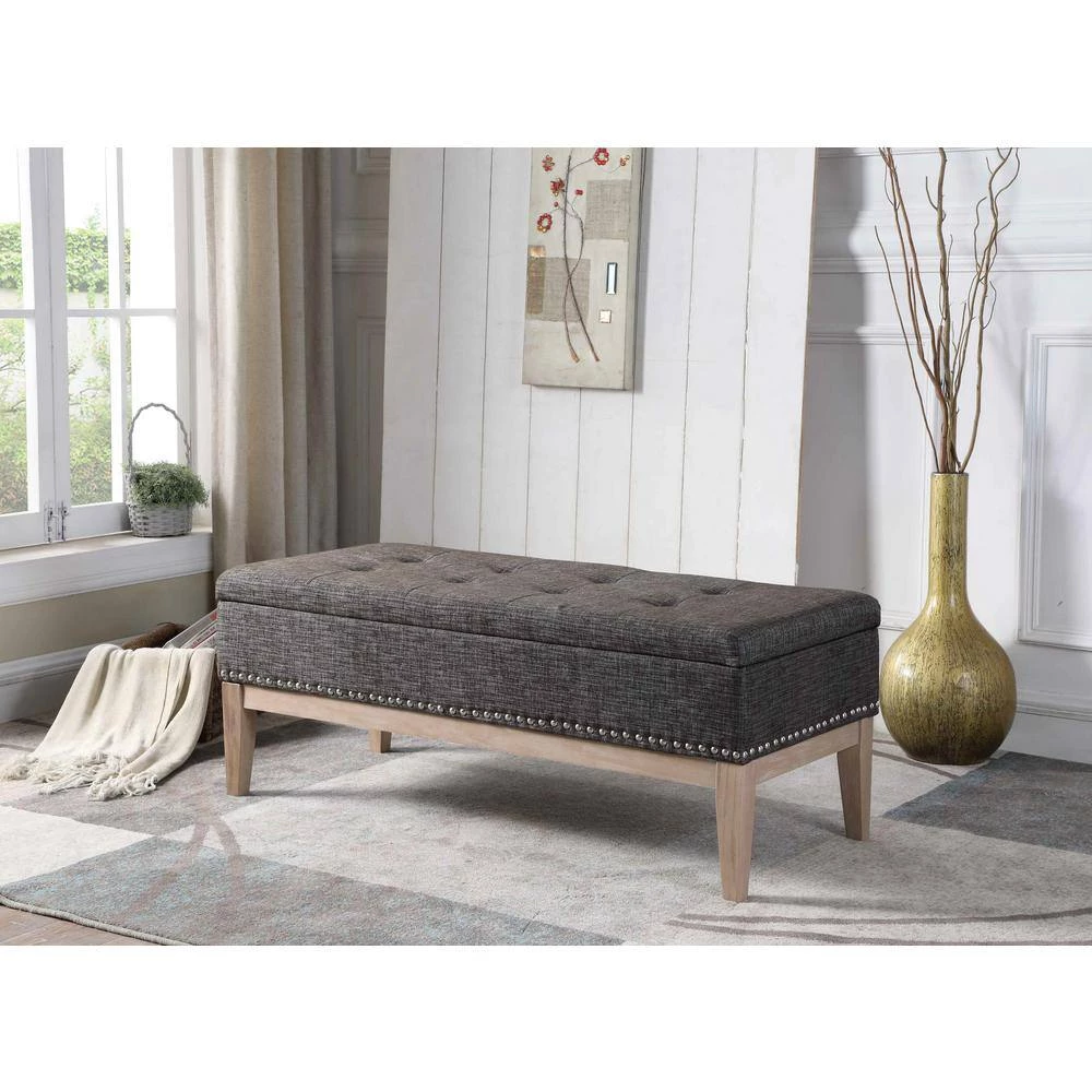 18 in. Grey Tufted Mid-Century Storage Bench with Unfinished Legs by ORE International 6 18 in. Grey Tufted Mid-Century Storage Bench with Unfinished Legs by ORE International - Image 4