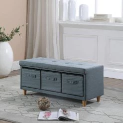17.5 in. Magnolia Blue gray Tufted Bench with Storage Basket Drawers by ORE International -DealsProLounger Store magnolia blue gray ore international dining benches hb4804 1f 1000
