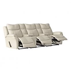 Off-White Almond Tuff Stuff Fabric 3-Seat Recliner Sofa with 2-Storage Consoles and USB Ports by ProLounger