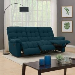 80.5 in. Peacock Blue Plush Low-Pile Velour Solid Fabric 3-Seat Tufted Wall Hugger Sofa with Reclining by ProLounger -DealsProLounger Store peacock blue plush low pile velour prolounger sofas couches a180030 c3 1000