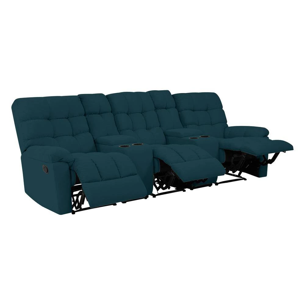 104.5 in. Peacock Blue Plush Low-Pile Velour Solid Fabric 3-Seat Wall Hugger Sofa with Reclining Cupholders Storage by ProLounger 4 104.5 in. Peacock Blue Plush Low-Pile Velour Solid Fabric 3-Seat Wall Hugger Sofa with Reclining Cupholders Storage by ProLounger - Image 2