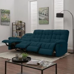 101 in. Peacock Blue Plush Low-Pile Velour Solid Fabric 4-Seat Tufted Wall Hugger Sofa with Reclining by ProLounger -DealsProLounger Store peacock blue plush low pile velour prolounger sofas couches a180054 c3 1000