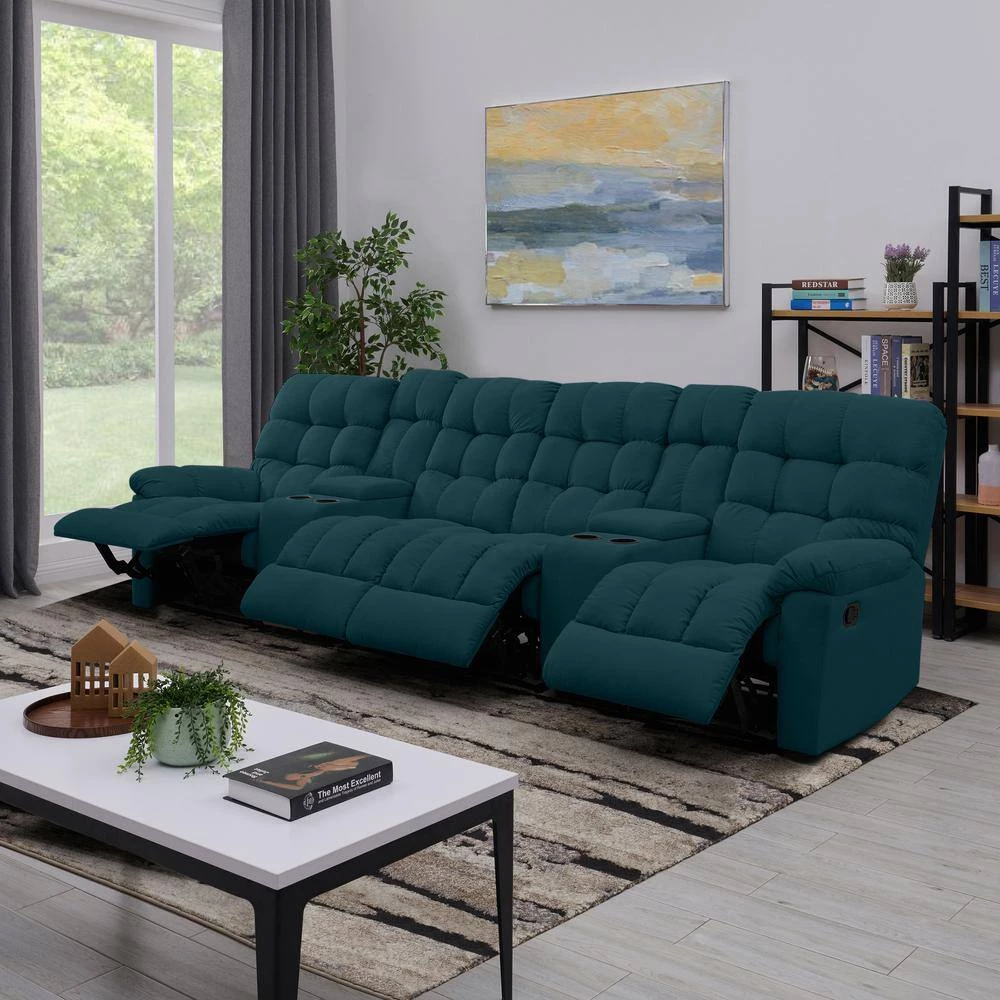 125 in. Peacock Blue Plush Low-Pile Velour Solid Fabric 4-Seat Tufted Wall Hugger Sofa with Reclining Cupholders Storage by ProLounger 10 125 in. Peacock Blue Plush Low-Pile Velour Solid Fabric 4-Seat Tufted Wall Hugger Sofa with Reclining Cupholders Storage by ProLounger - Image 8