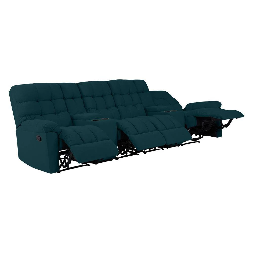 125 in. Peacock Blue Plush Low-Pile Velour Solid Fabric 4-Seat Tufted Wall Hugger Sofa with Reclining Cupholders Storage by ProLounger 4 125 in. Peacock Blue Plush Low-Pile Velour Solid Fabric 4-Seat Tufted Wall Hugger Sofa with Reclining Cupholders Storage by ProLounger - Image 2