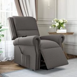 Bustle-Back Pewter Gray Fabric with Nailhead Trim Power Lift Recliner by ProLounger -DealsProLounger Store pewter gray prolounger recliners a177832 31 1000