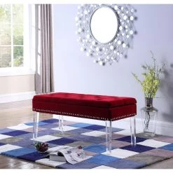 18 in. Red Tufted Mid-Century Storage Bench Nailhead Trim with Acrylic Clear Legs by ORE International -DealsProLounger Store red ore international dining benches hb4749b 31 1000