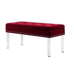 18 in. Red Tufted Mid-Century Storage Bench Nailhead Trim with Acrylic Clear Legs by ORE International