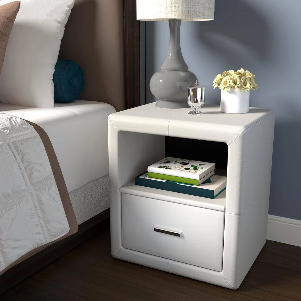 Vivian in White with Drawers Faux Leather Upholstered Nightstand by Boyd Sleep 5 Vivian in White with Drawers Faux Leather Upholstered Nightstand by Boyd Sleep - Image 3
