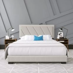 Sadira White Linen King Upholstered Platform Bed Frame by Boyd Sleep -DealsProLounger Store white linen boyd sleep panel beds pbwt205ek c3 1000