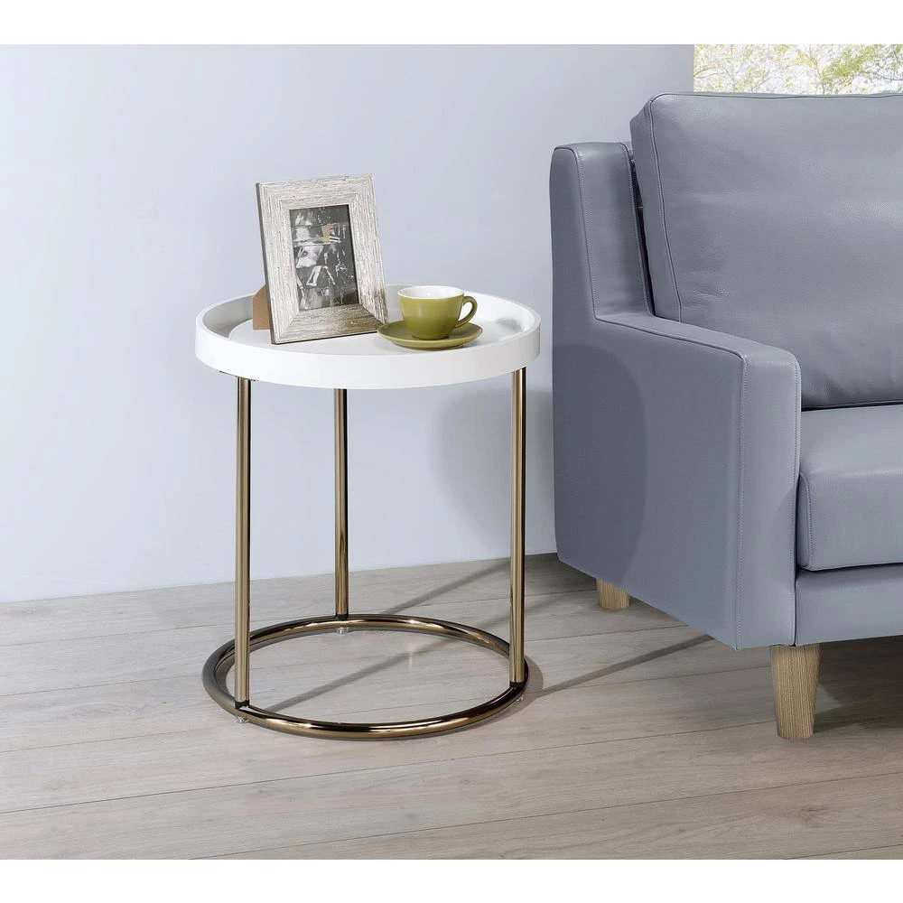 18.5 in. x 21.75 in. White Round Wood Edie Mid-Century Lipped Edge Side Table with Copper Legs by ORE International 8 18.5 in. x 21.75 in. White Round Wood Edie Mid-Century Lipped Edge Side Table with Copper Legs by ORE International - Image 6